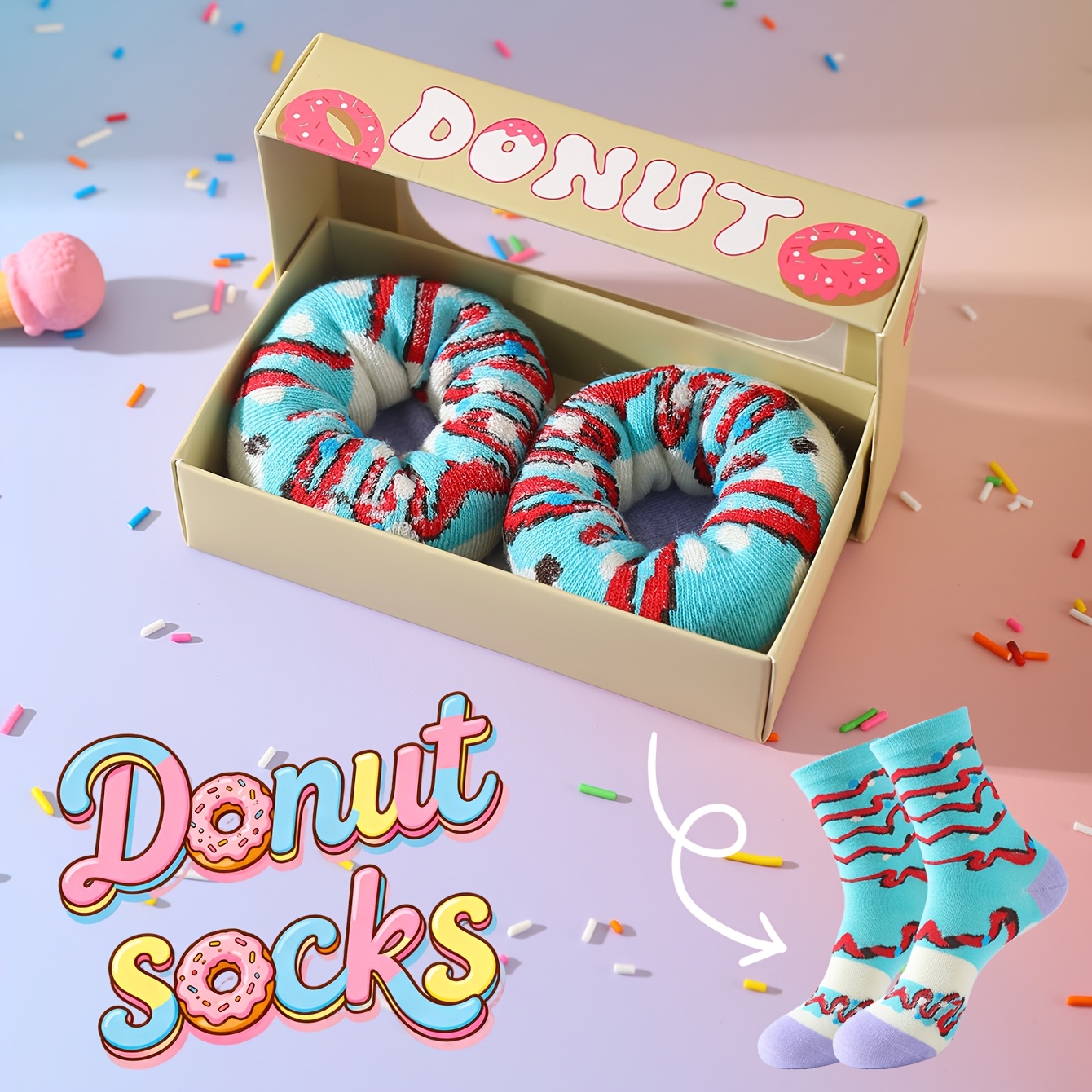TEMU A Pair Of Novelty And Fun Donut Socks - Whimsical Food-inspired Creative Gift Socks, Unisex Colorful And Cute Striped Mid-calf Socks, Thick