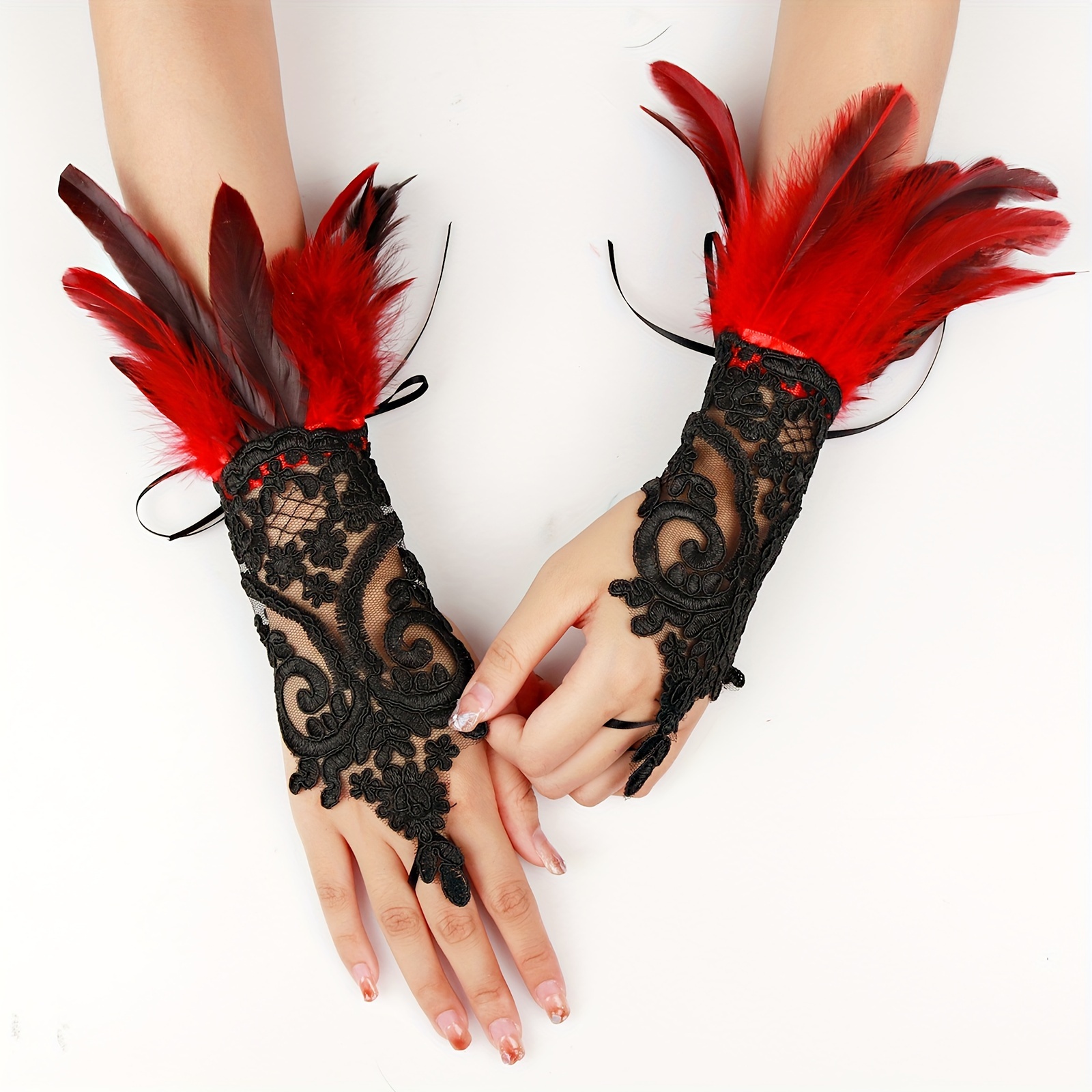 Gothic Rhinestone Feather Gloves Lace Cuff Wristband Cosplay Wedding Halloween