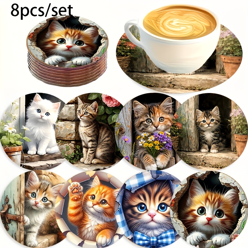 TEMU 2d Flat 8pcs Cute Cat-themed Wooden Coaster Set, Creatively Designed For Beverages, Tea And Coffee, Home And Restaurant Decoration, Ideal Gift