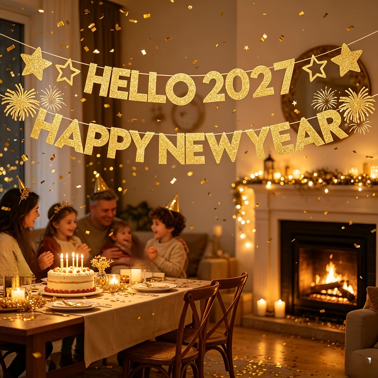 TEMU 1 Set Hello 2027 Golden Glitter New Year Pull Flag / Happy New Year Star Firework Letter Banner / New Year's Eve Party Fireplace Dining Table