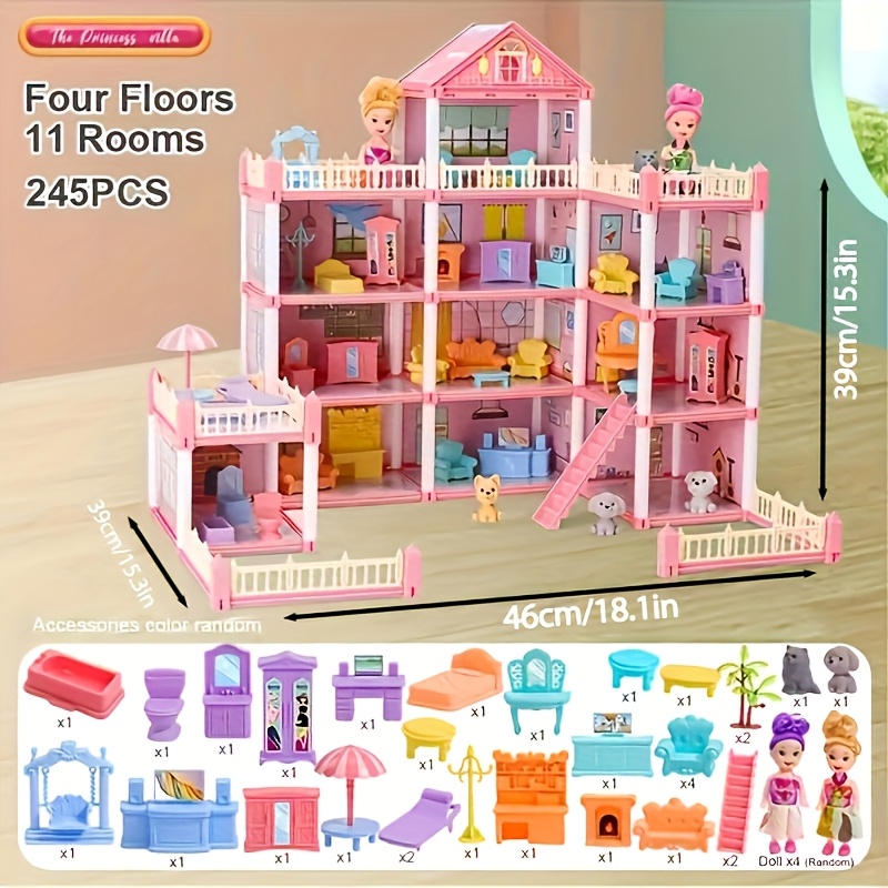 Princess Doll Castle House Gift for Girls, 4-Story Pink Mansion with Furniture And Dolls, Ideal Birthday Christmas Holiday Present for 3 4 5 6 7+ Year Old Girls