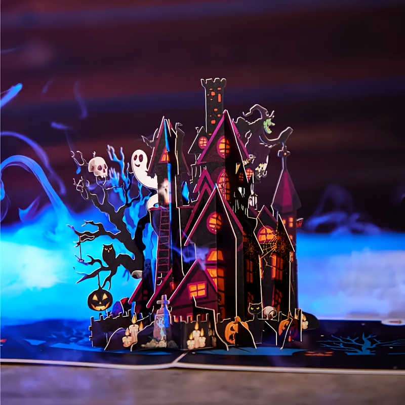 TEMU 1pc A 3d Pop-up Greeting Card For Halloween Featuring A Haunted House Design With Spooky Trees, Bats, Pumpkins, And , From Paper. Ideal For