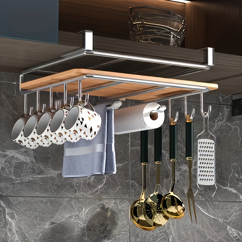 TEMU Stainless Steel Hanging Kitchen Storage Rack With Mug Hooks, Paper Towel And Utensils Holder - Multipurpose Cabinet Organizer, Polished Finish - 1pc