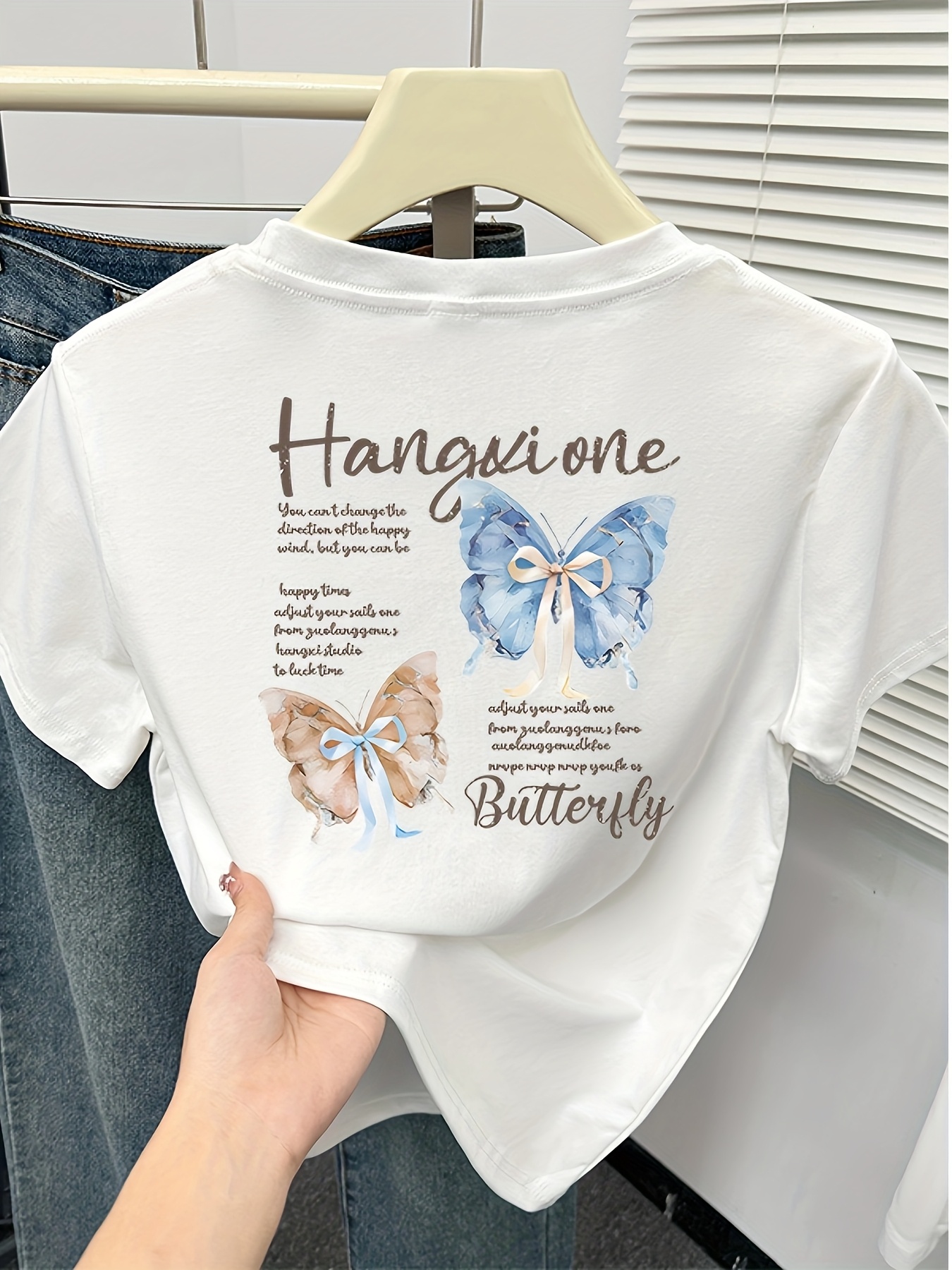 womens   fit   print t shirt hangin   with blue brown butterflies casual short sleeve top for spring summer   shirt Product details 2