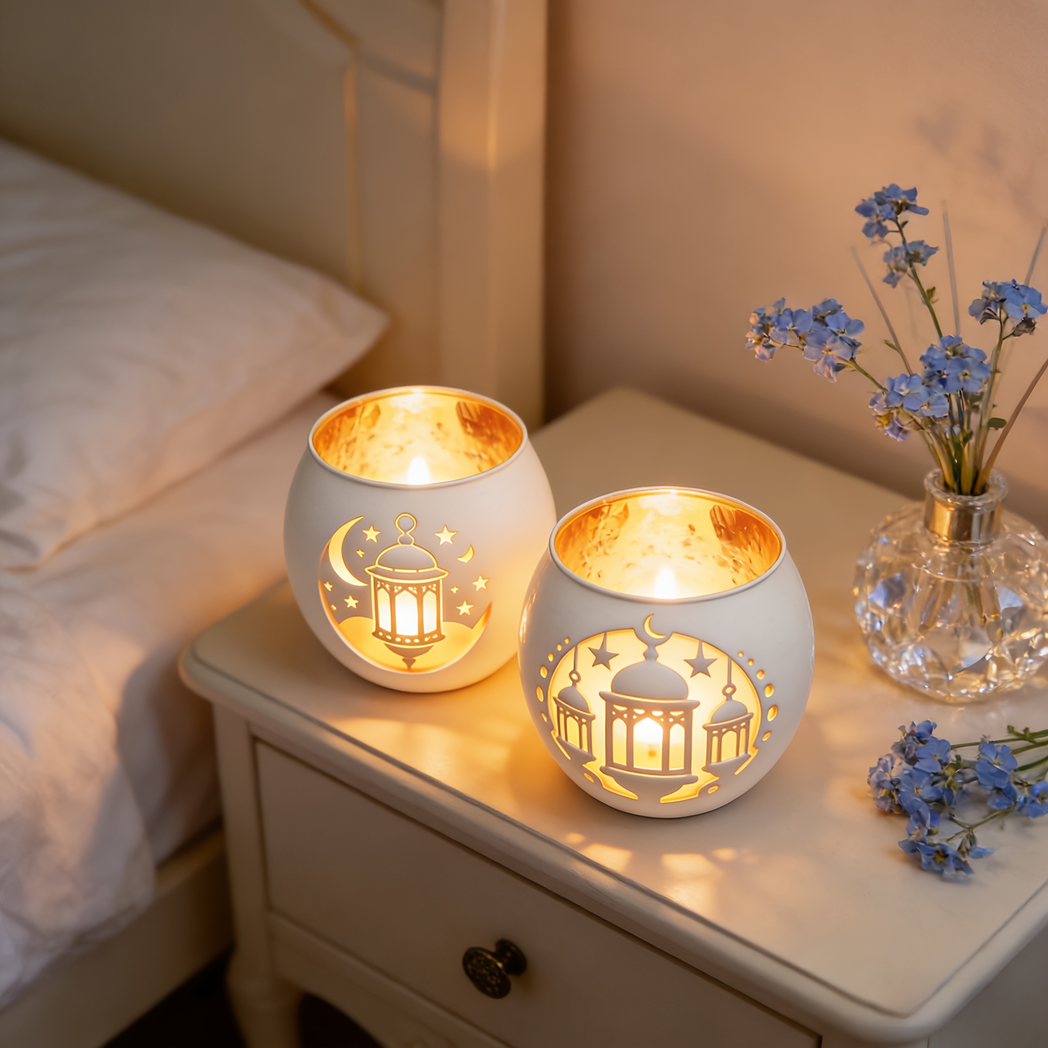 2pcs Ramadan & Star Lantern White Glass Candle Holders | Eid al-Fitr Islamic Muslim Decor, Sacred Space Meditation Ornament, Spiritual Gift & Home Ambience Essential for Ramadan Celebrations