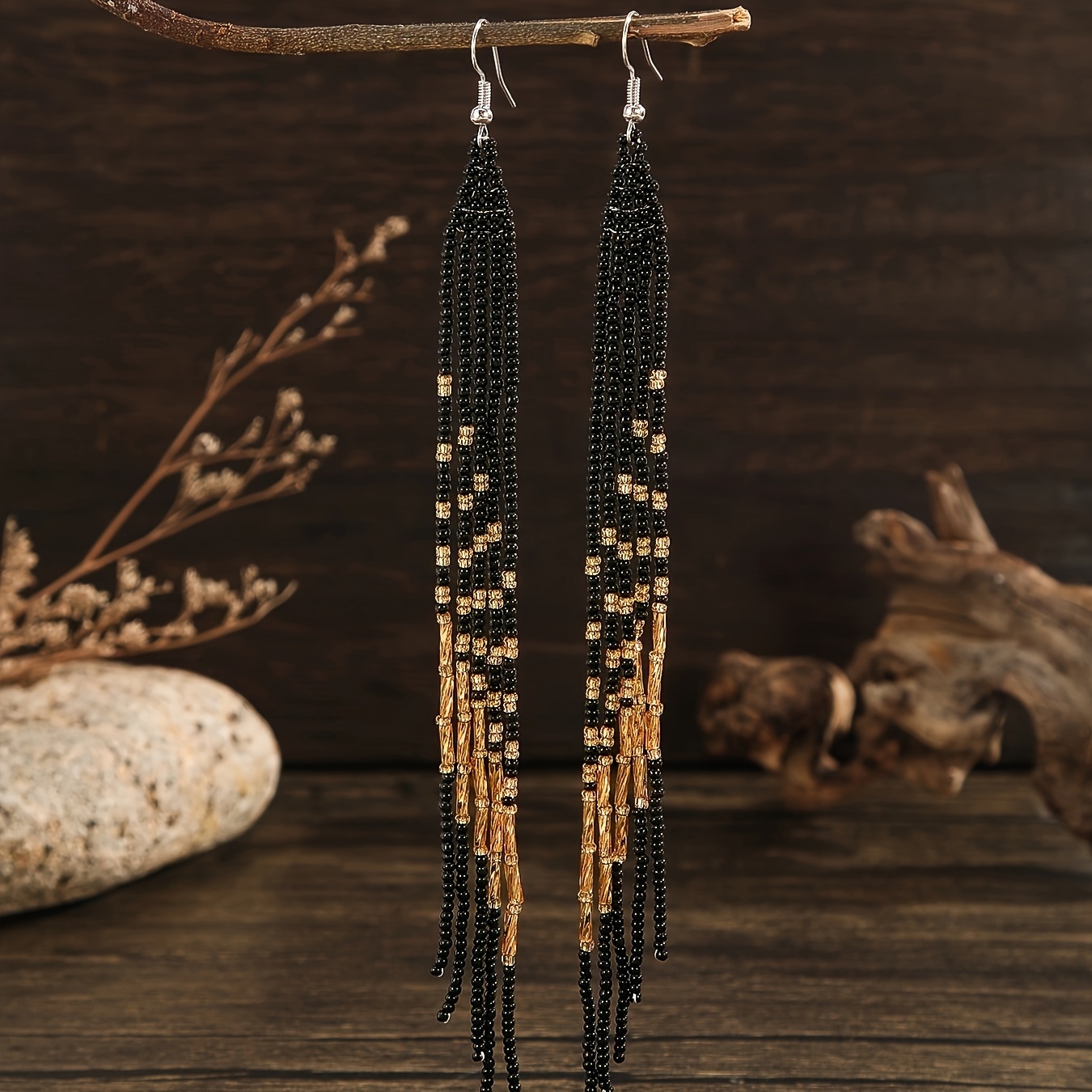 Image of A Pair Of Stylish Beaded Earrings For Women, Featuring A Vintage With Classic Gradient Long Tassels. Elegant And Beautiful Handmade Glass Bead Additions Are Wear And For Holidays