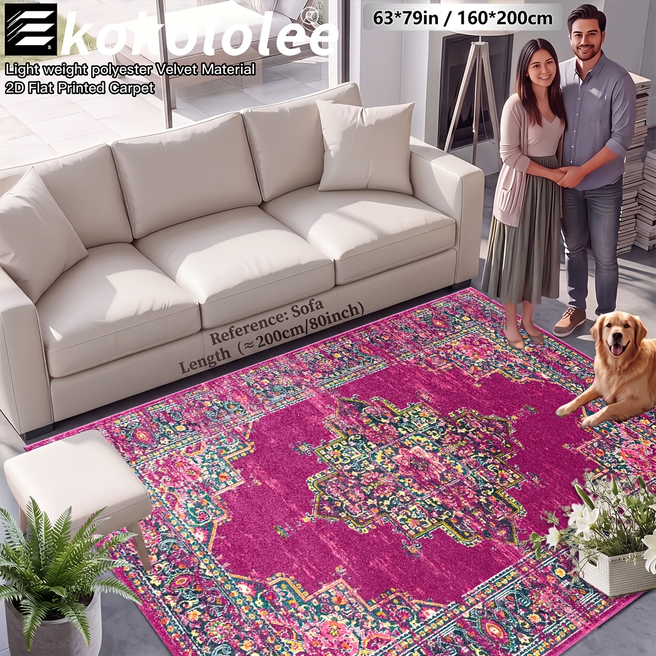 TEMU 1pc Luxury Velvet Area Carpet - Bohemian Retro Carpet, Non Slip Backing Machine Washable 100% Polyester Fiber - Very Suitable For Areas Such As