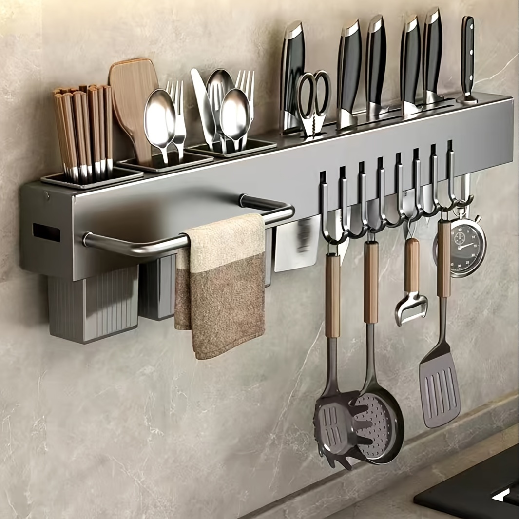 high quality premium carbon steel multi functional knife storage rack without punching kitchen knife kitchen knife   wok spatula rag chopsticks   storage rack with dry and wet   drainage storage tube   the most of the kitchen countertop   and   details 2