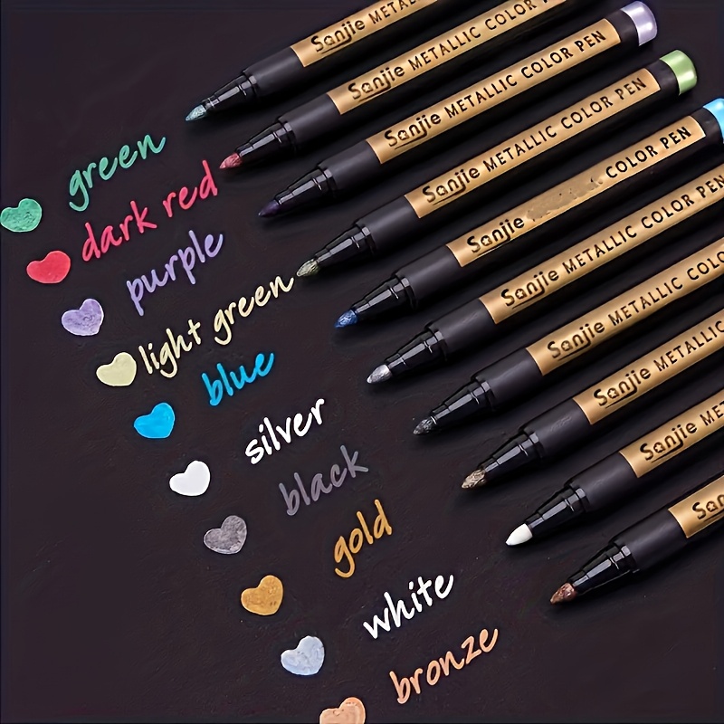 

1set\10pcs Metallic Marker Pen - Waterproof, Colors, Medium Tip, Compatible With Plastic Surfaces, For Painting, Rock Crafts, Card Making, Scrapbooking, And Diy Photo Albums.