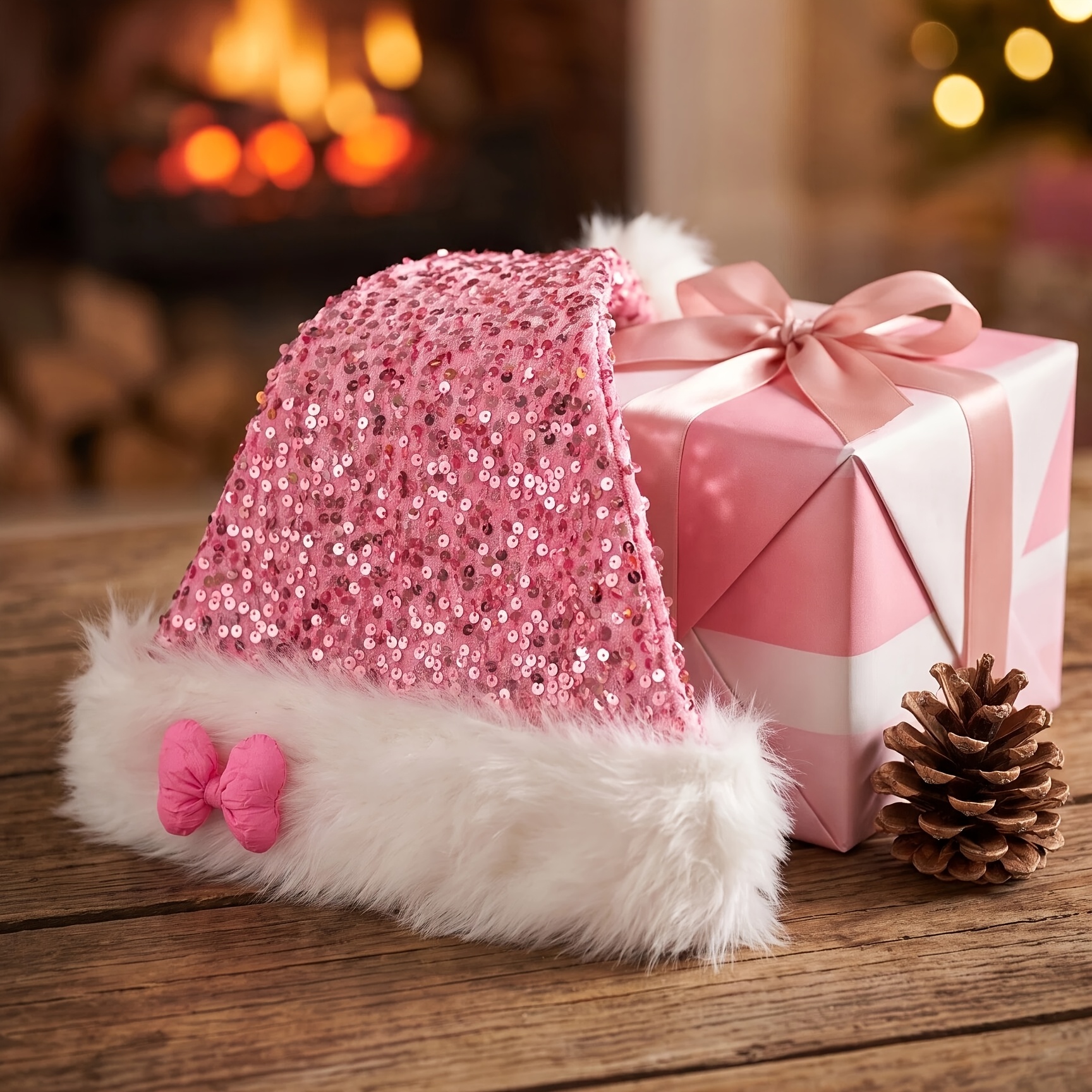 TEMU Women's Pink Sequined Bow Christmas Hat, Cute Pink Princess Hat For Girls, High-quality Double-layer Christmas Decor Hat, Sisters' Party Hat