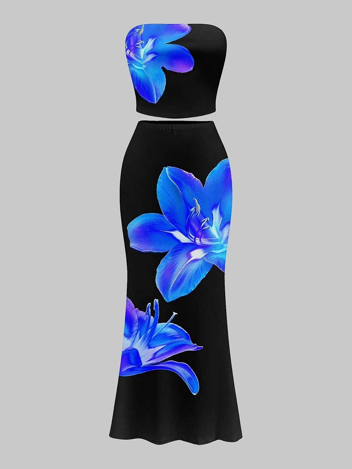 black blue floral two piece outfit women strapless crop top - Temu Mauritius