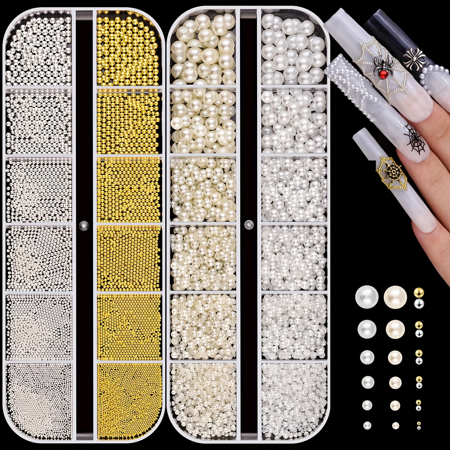TEMU 2 Cajas de Perlas Flatback (+Beige) y Metal para Cuentas de Uñas (Plateado+Dorado) para Nail Art, Perla Lujosa para Adornos y Gemas de Uñas y