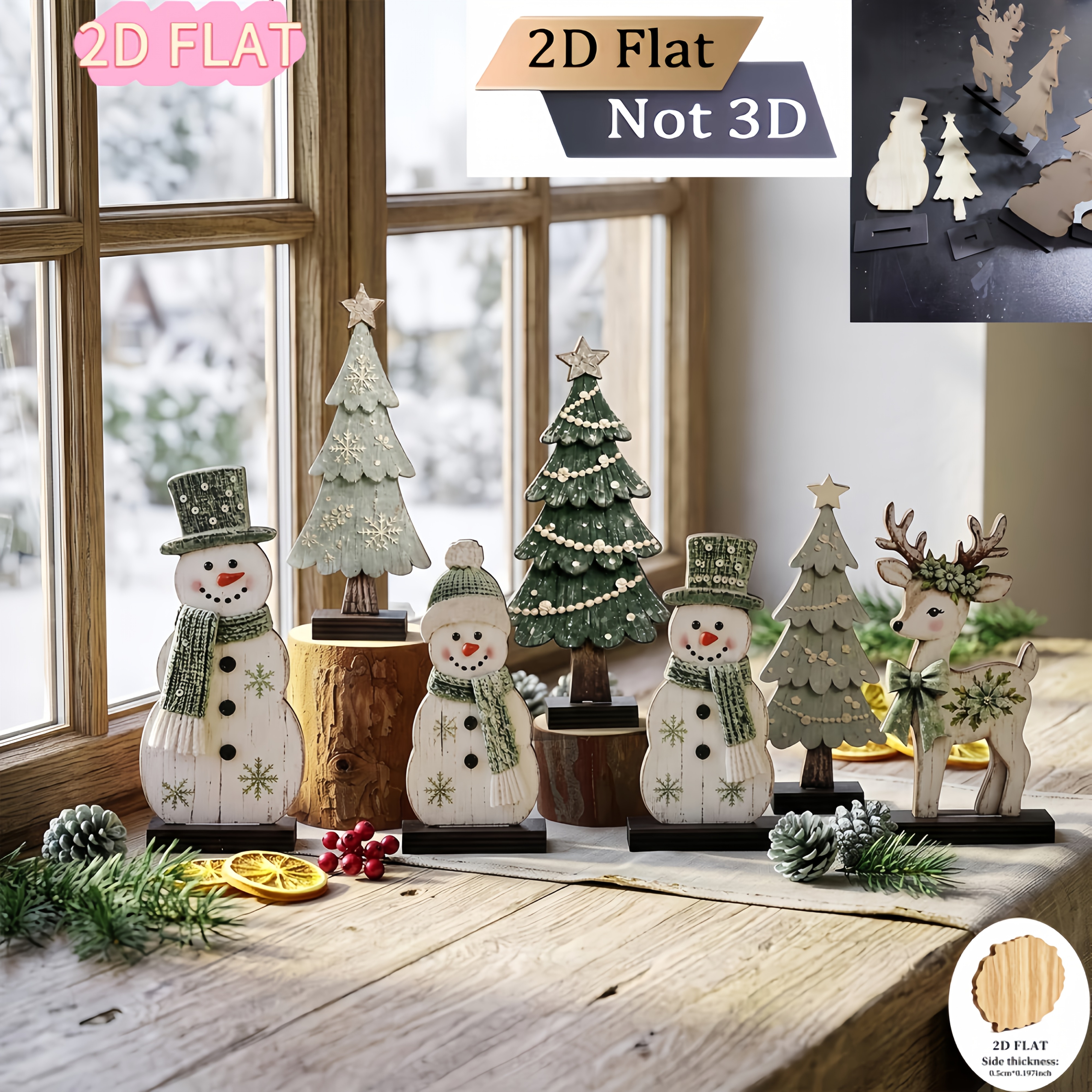 TEMU Set natalizio in legno 2D piatto da 7 pezzi, vintage , albero di Natale e renna, ornamenti da tavolo in legno per le feste in stile . Set di