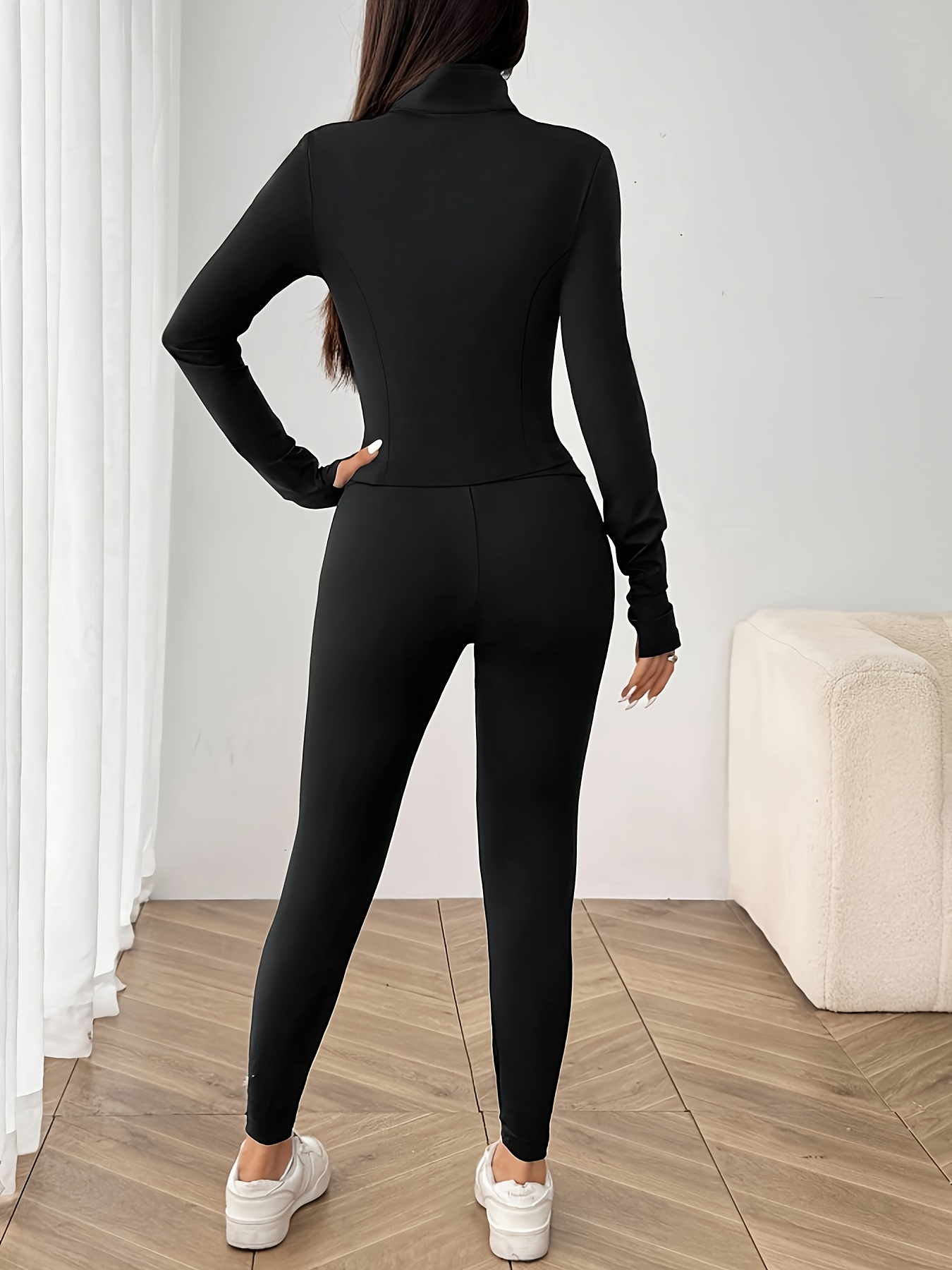 new womens casual athletic 3pcs set with zipper thumb hole long sleeve sports jacket sports tank top and high waist skinny   sports long pants for exercise fitness yoga and casual attire details 3