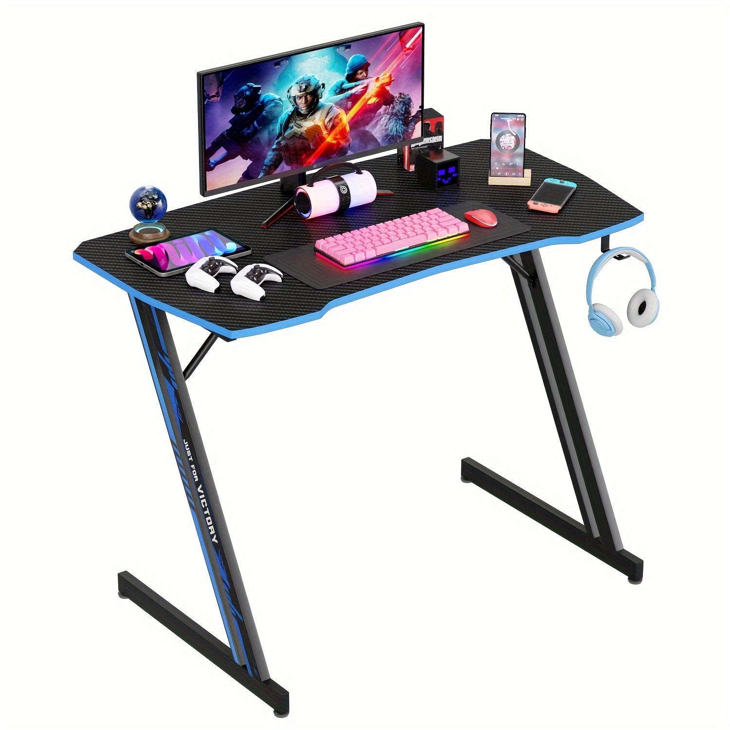 

Modern 39 Inch Z-shaped Computer Desk For Home Office With Headphone Hook - Sturdy Workstation Table With Spacious Desktop, Blue
