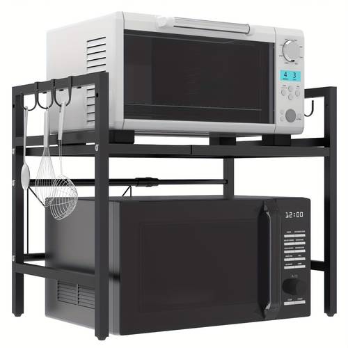 heavy duty adjustable 2 tier kitchen rack space saving carbon steel countertop organizer for microwave oven utensils cookware sturdy with hooks spice containers for small kitchens kitchen storage solution twotier shelf durable kitchen shelf kitchen appliances
