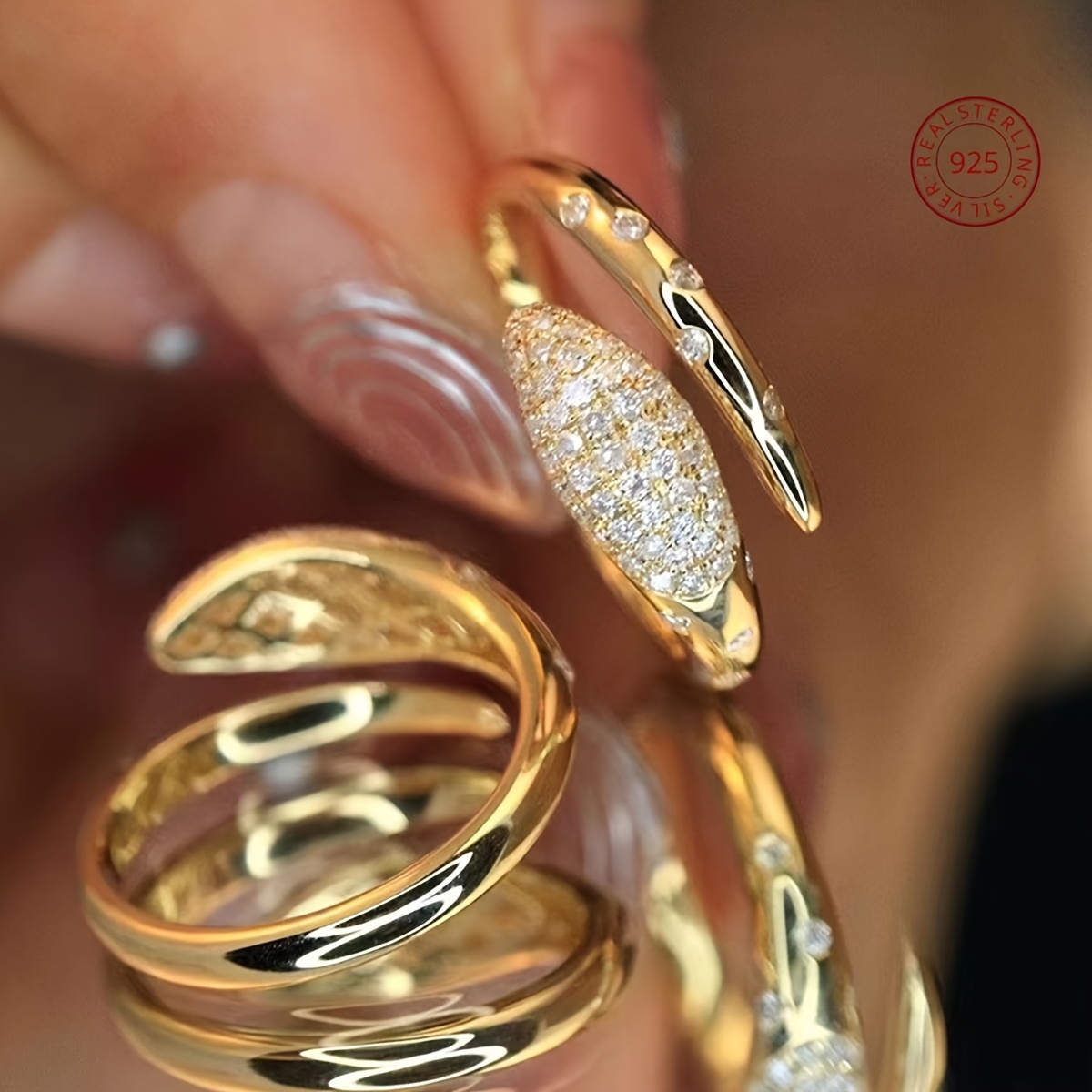 Animal Theme Cuff Ring with April Birthstone Rhinestones