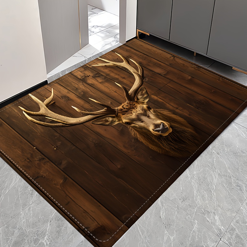 

Elegant Deer & Wood Grain Flannel Rug - 1.2cm Thick, Non-slip, Easy Clean For Living Room, Bedroom, Kitchen