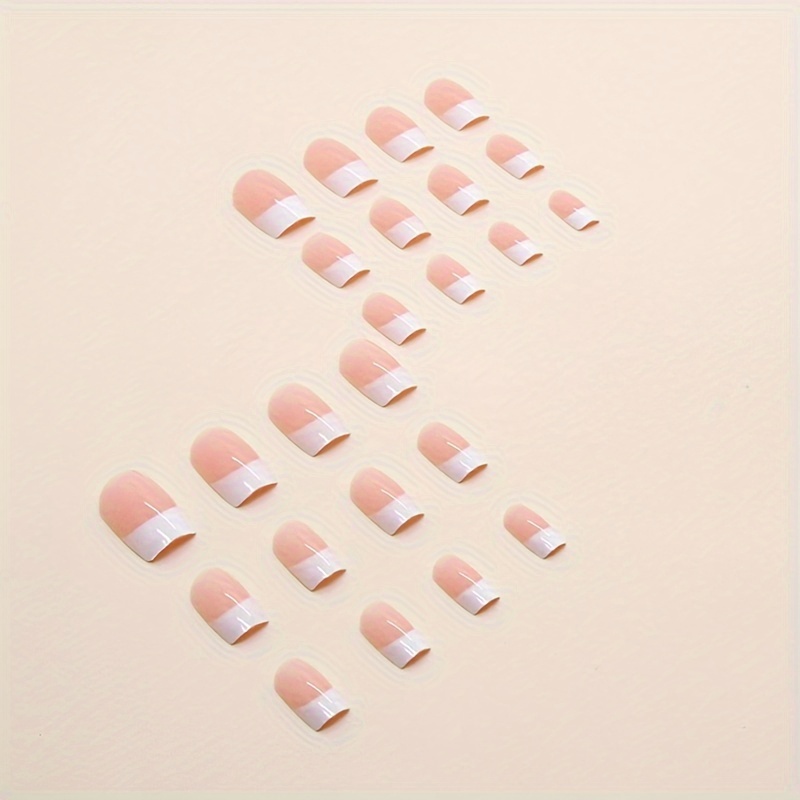 24pcs white french fake nails nude pinkish press on nails short square false nails classic acrylic nails for women and girls details 1