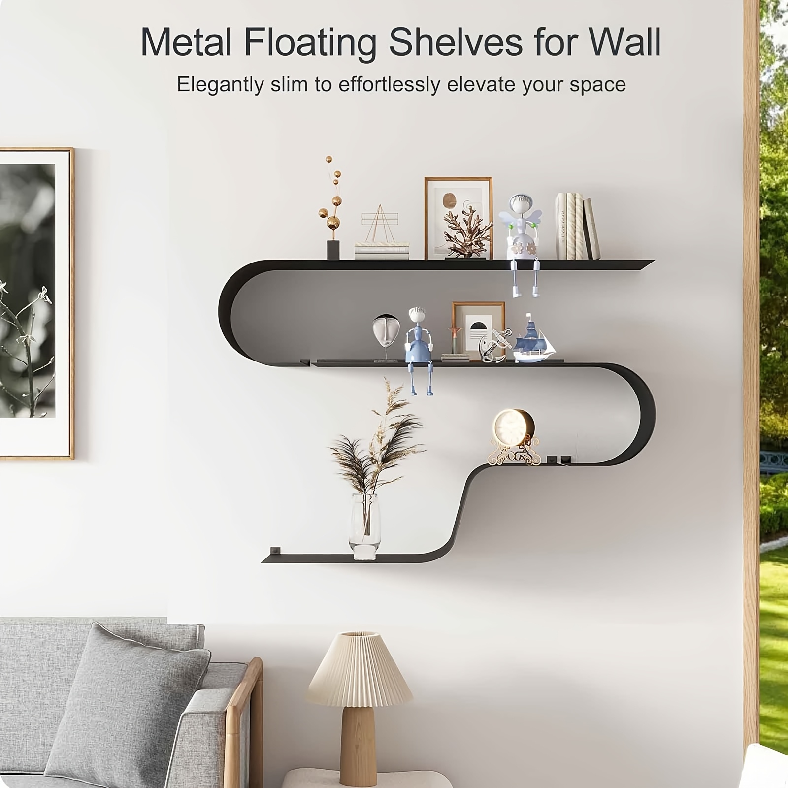 Black Floating Shelves Set of 3, Black Metal Decor, Unique Mounted Floating Shelf, Modern Long Wall Shelf, Large Wall Shelves for Bedroom, Bathroom, Living Room