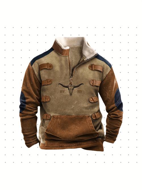 mens head print pullover 1 4 zipper stand collar long sleeve country style
