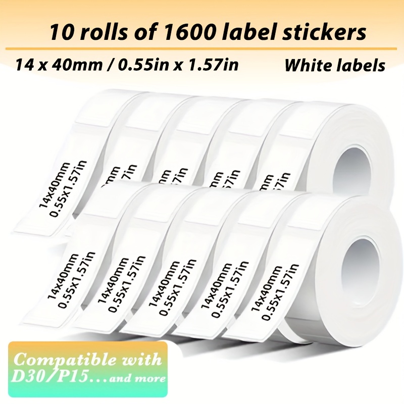 Image of 10 Rolls Of White Thermal Label Paper, Measuring 14mm X 40mm (0.55in X 1.57in), Compatible With Label Printers Including P15/p21/d30/d35. , Scratch-resistant, And Features A Smooth, Strong Adhesive