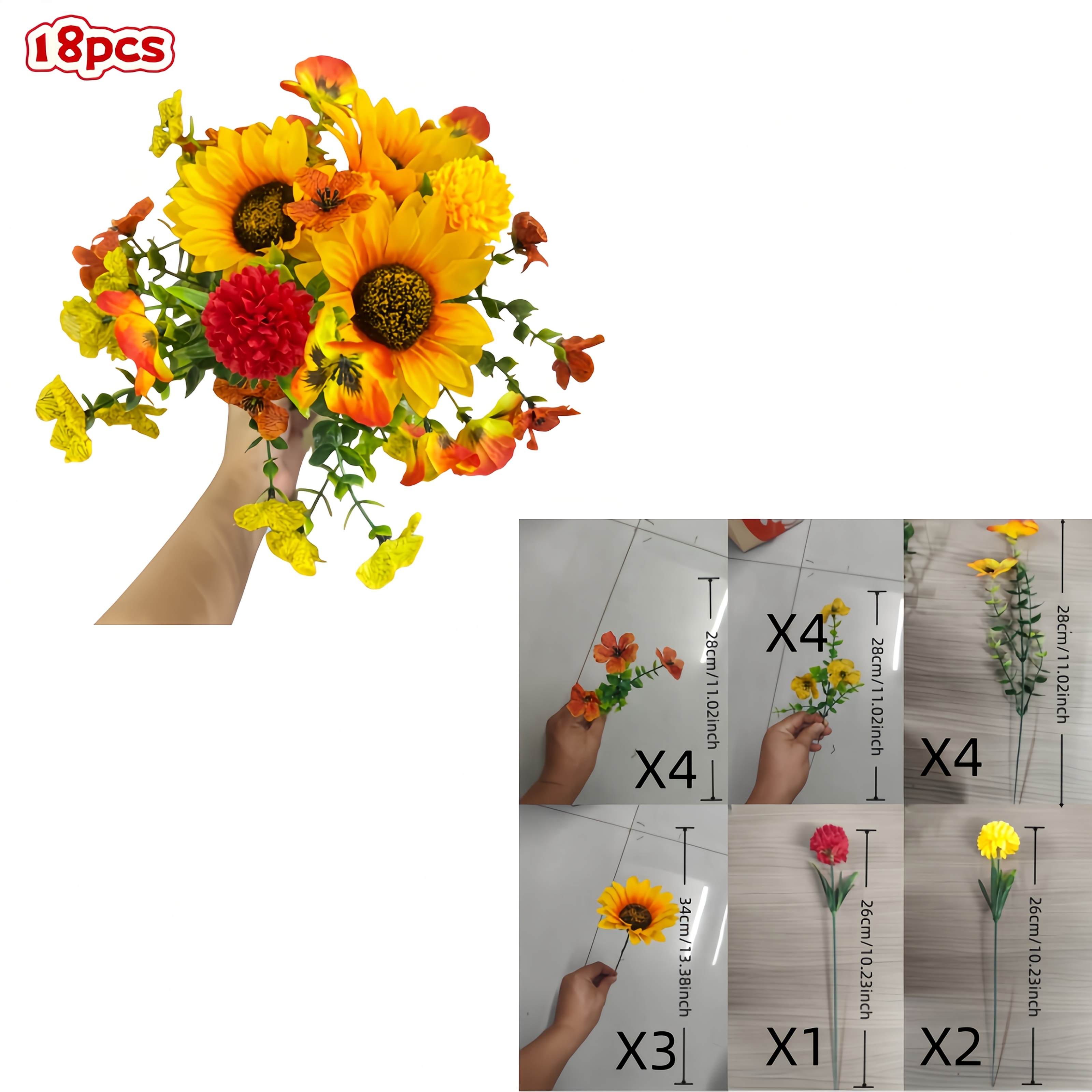 TEMU 18pcs Autumn Simulation Flowers, Yellow-red Mixed Chrysanthemums And Autumn-style Sunflowers Mixed Bouquet, Indoor/outdoor Decoration, Suitable