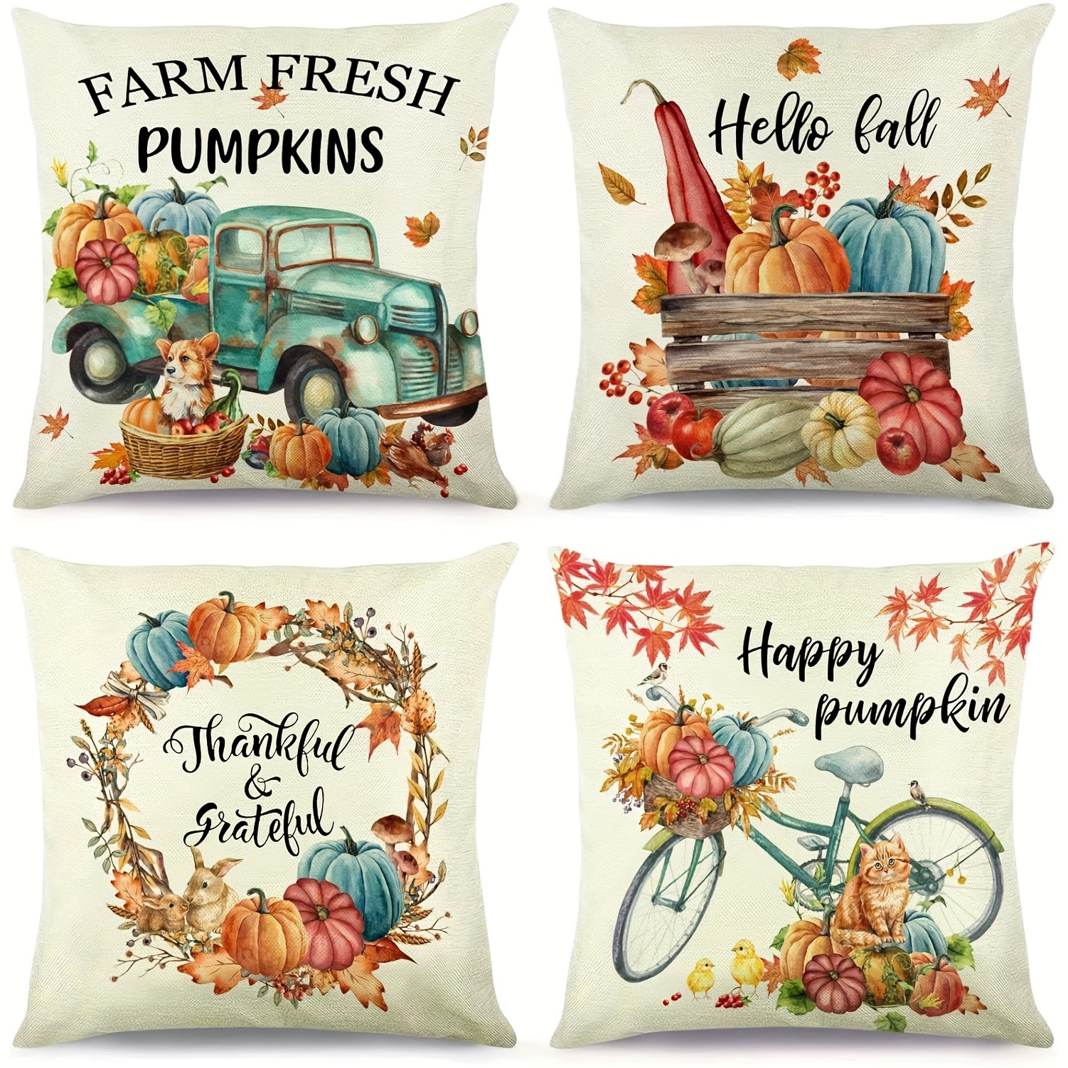 

Autumn Charm 4-piece Pillowcase Set - 18x18 Inch, Cozy Polyester Farmhouse Decor With Pumpkins, Trucks & Leaves, Zip Closure, Machine Washable For Sofa & Bed