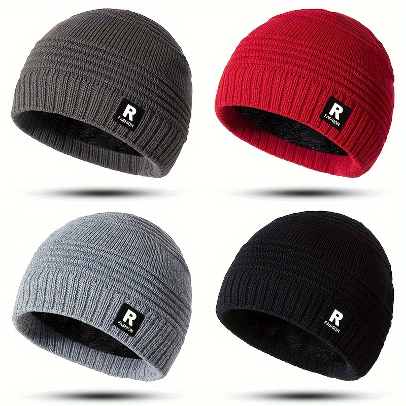 

Beanie - , Fleece-lined, Windproof Striped Hat & | & Comfortable No-brim Cap For