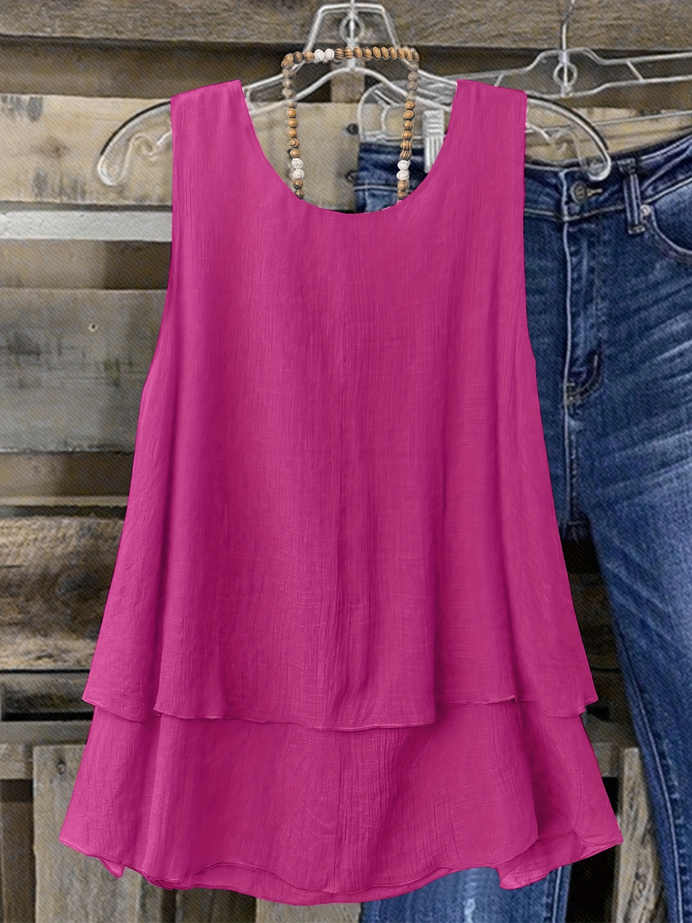 Women's Plus Size Sleeveless Elegant Top - Lightweight Breathable Blue Round Neck Vest, Machine Washable Spring Summer Casual Wear, Elegant Special Line Collection, Sophisticated Design, Textured Fabric
