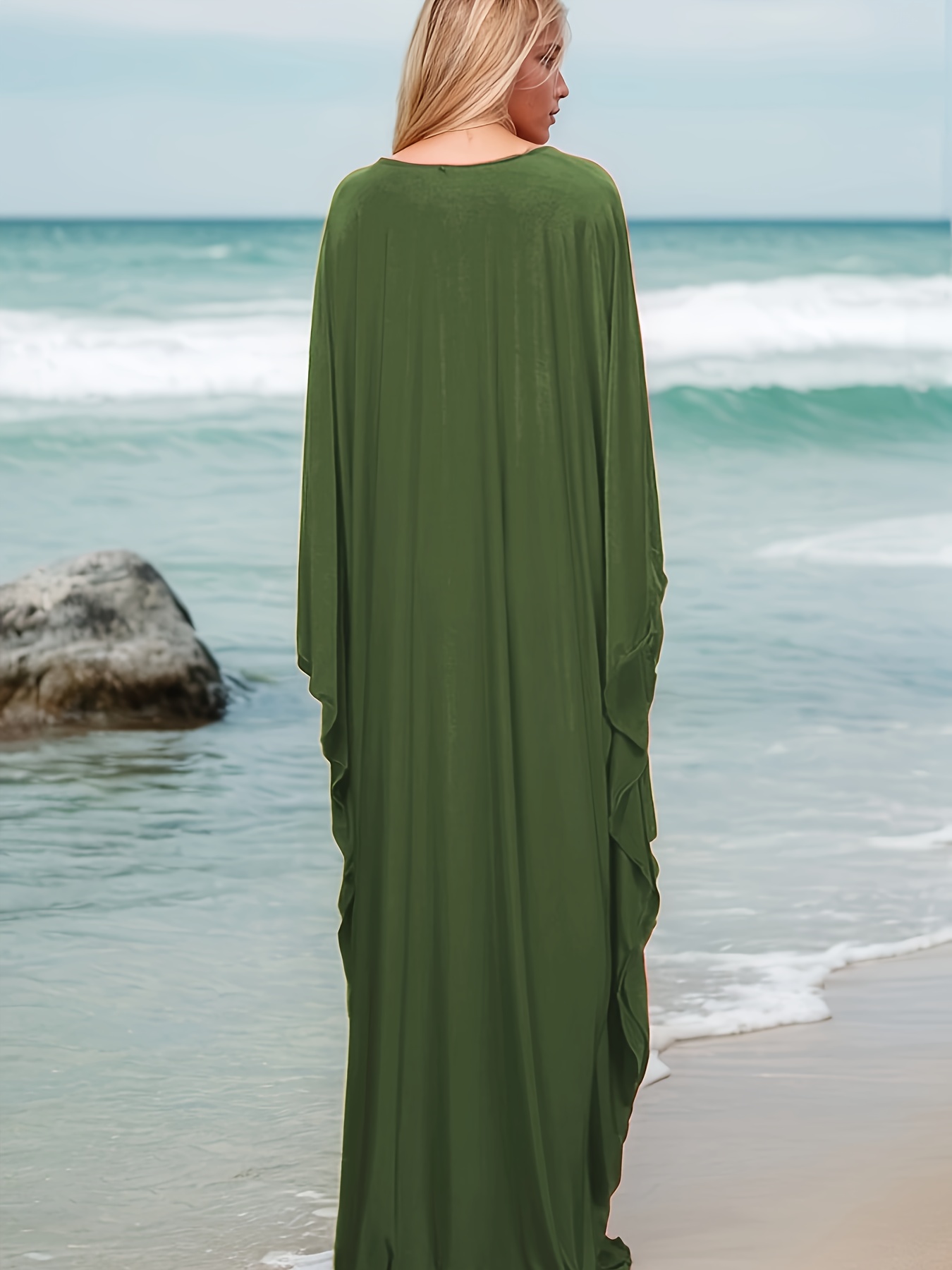 Women's Summer Beach Bohemian Ethnic Style Solid Color Printed V-Neck  Side-Slit Seaside Vacation Dress Bikini Cover-Up with Design