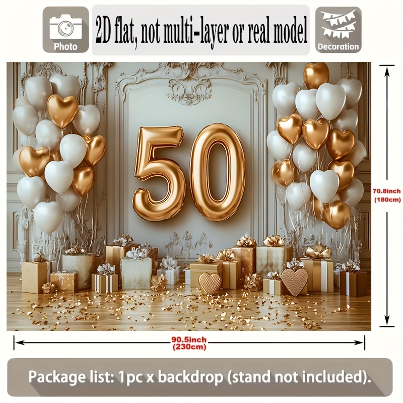 TEMU 2d Flat Banner, 1pc, Elegant 50th Wedding Anniversary White & Golden Glittery Balloons_ Confetti & Champagne Background Decoration Background