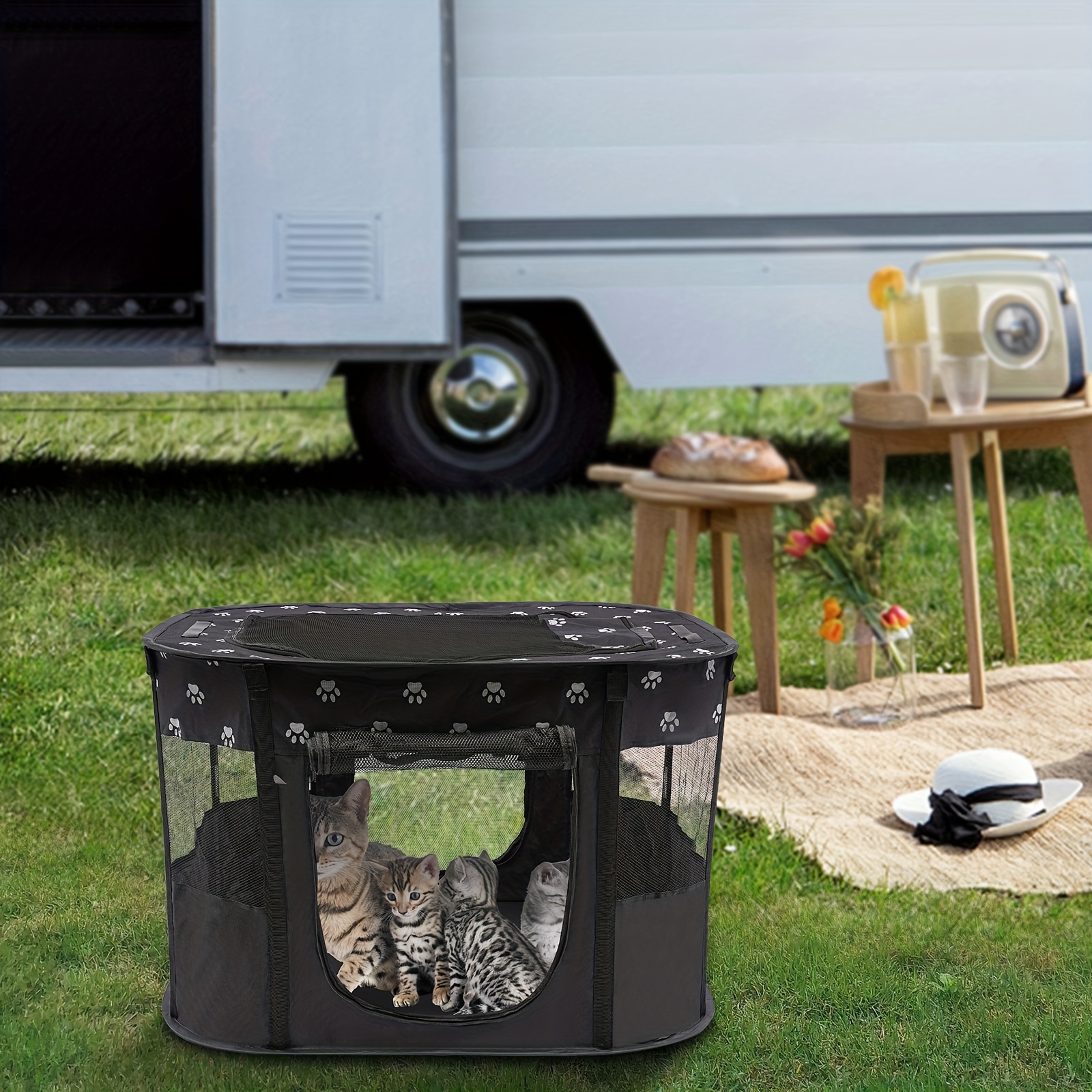 Image of Xxl Portable Pet Playpen For - Foldable Black Tent With Mesh Top, Durable Oxford Cloth, Easy Assembly, Ideal For Indoor/outdoor Use, Includes Carrying Bag