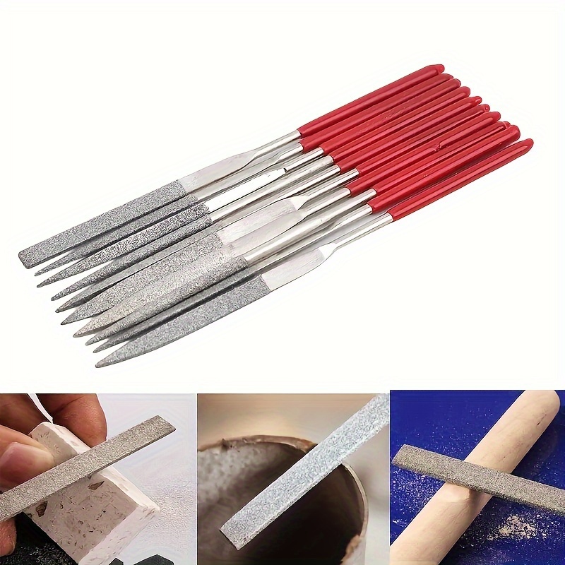 10 piece diamond mini rasp set 140mm 5 5in for ceramic wood jewelry polishing carving small projects precision craft rasp tools with red handles details 1
