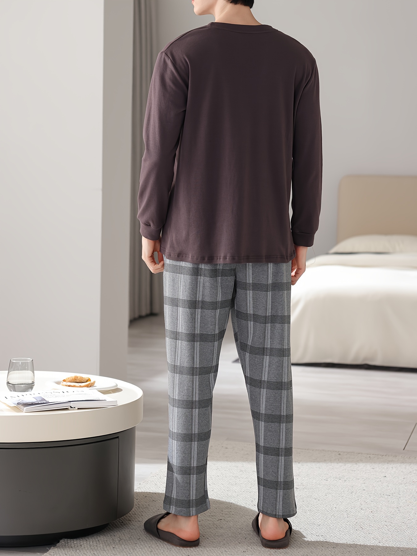 1set Men'S Casual Cotton Pajama Set, Long Sleeve Round Neck Sleepwear with Pockets, Loose Fit Knitted Pullover for Spring/Autumn - Comfortable Thin Cotton Outfit