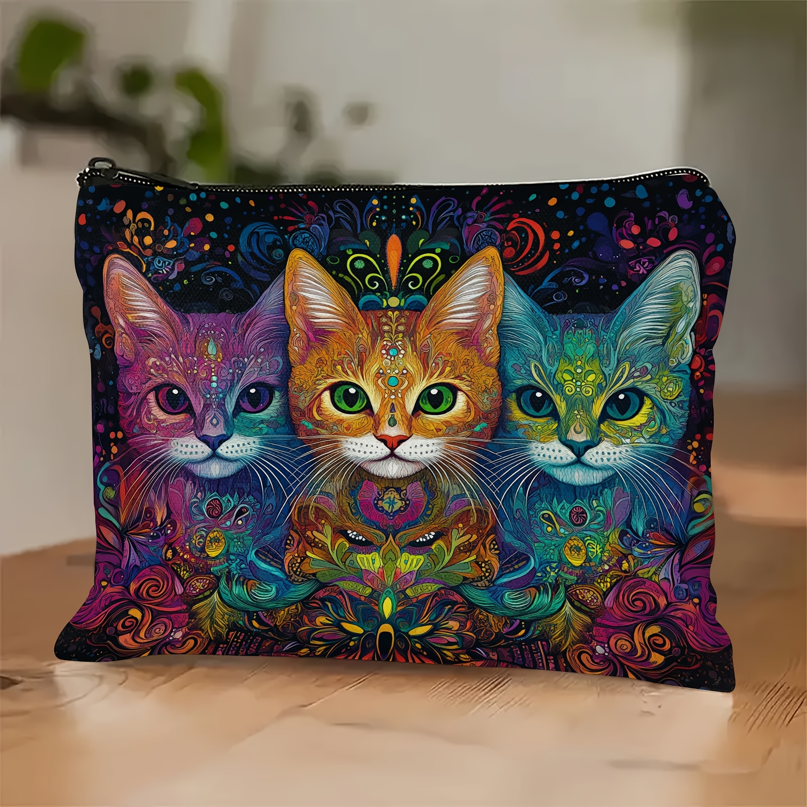 

Bohemian Cat Canvas Makeup Bag - Unscented, Multi-functional Travel Toiletry Organizer With Safety Zipper - Perfect Gift For