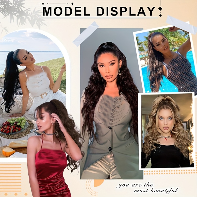 long curly wavy hair piece synthetic pony tail extensions for women highlight balayage details 4