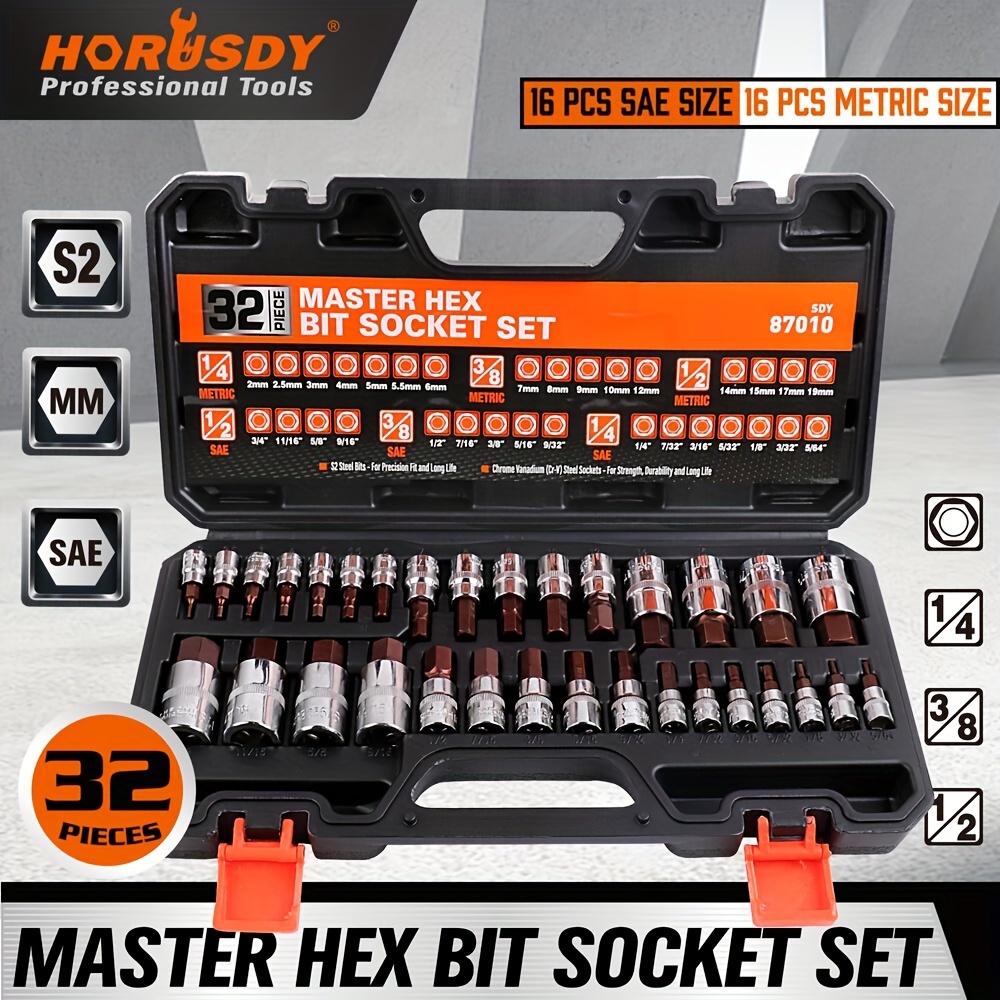 

Horusdy 32pcs Hex Set - S2 Steel, & Sae 1/4", 3/8", /2" For Use