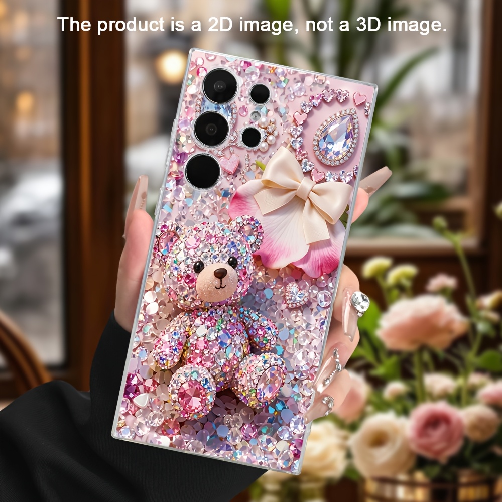 TEMU Phone Case - 2d Printing Cute Adorable Rhinestone Teddy Bear With Bow And Case For For Galaxy S26 S25 S24 S23 Ultra Fe Plus Phone Cases Tpu