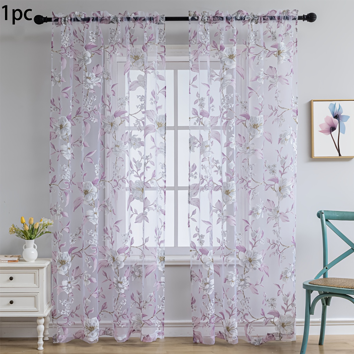 1pc Sheer Curtains For Living Room, Purple Classical Floral Printing And Light-filtering For Bedroom