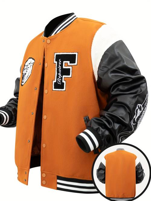 mens colorblock varsity stylish letterman embroidery baseball coats vintage long sleeve button up outerwear sporty streetwear