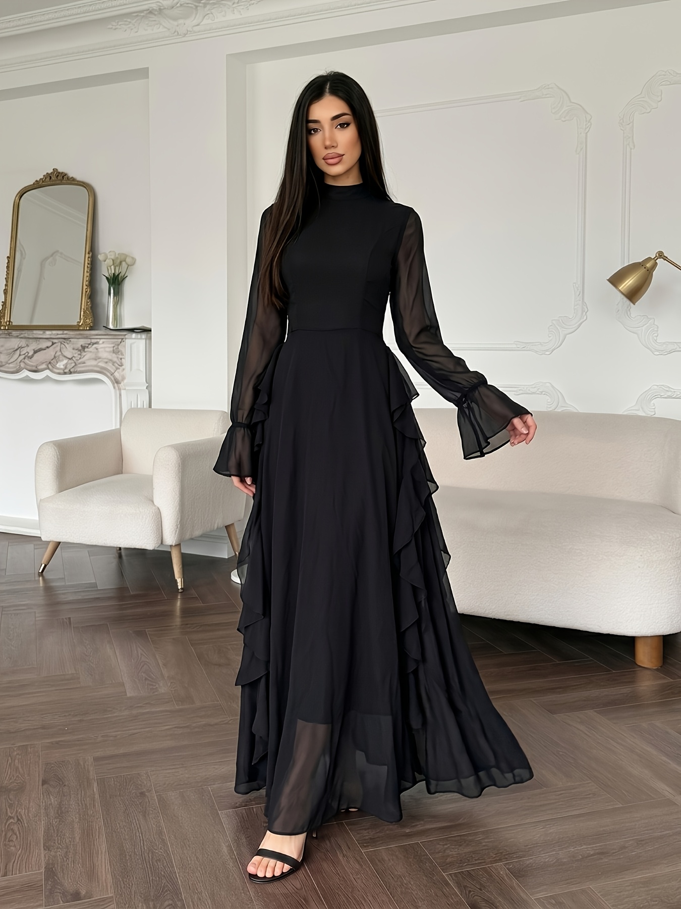 black winter formal dress long sleeve womens elegant mesh high neck OB 16/US 12