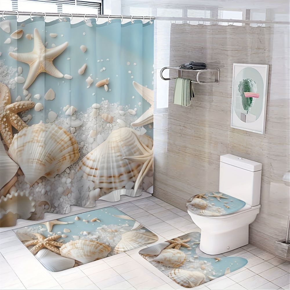 

1/3/4pcs Beach Seashell Bathroom Set, Machine Washable, Shower Curtain, Non-slip Bath Mat, Mat, Toilet Lid Cover, Bathroom Decor, Hooks Included