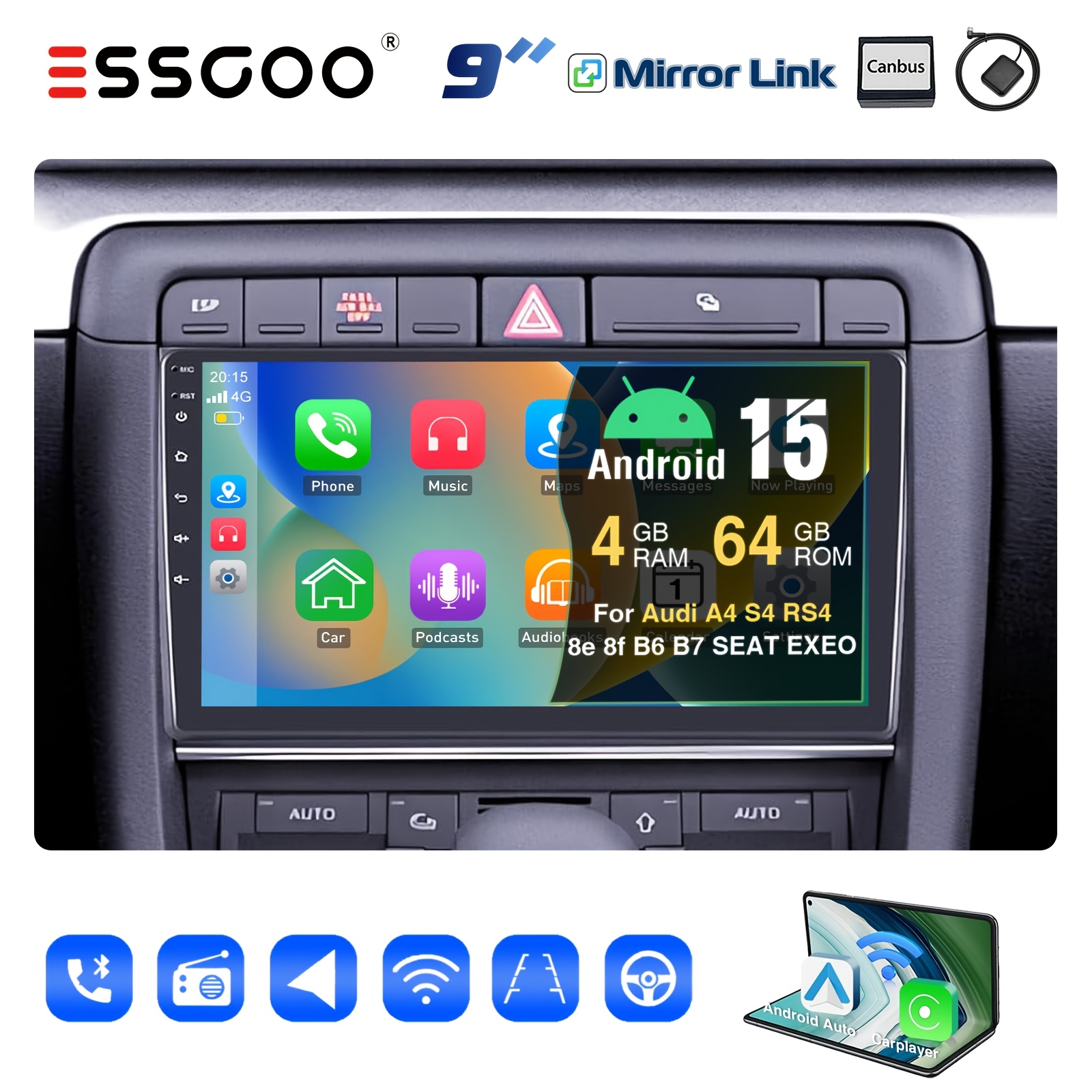 Image of Essgoo 9 Inch 15 Car Stereo With Frame For A4 2002-2008 | 4gb 64gb Storage, Ips Touchscreen With & Auto, Gps Navigation, Wifi, Wireless Handsfree, Steering Wheel Control, Fans Cooling, , Fm Rds