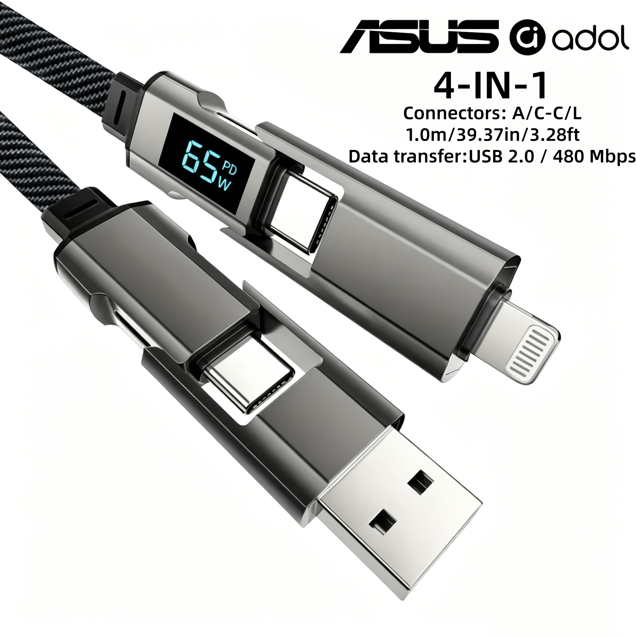TEMU Asus Adol 65w Fast Charge 4-in- Cable, Compatible With Iphone 18 Pro Max, Supports Ipad Pro, Macbook Airpods, And Galaxy Charging. Usb-c To