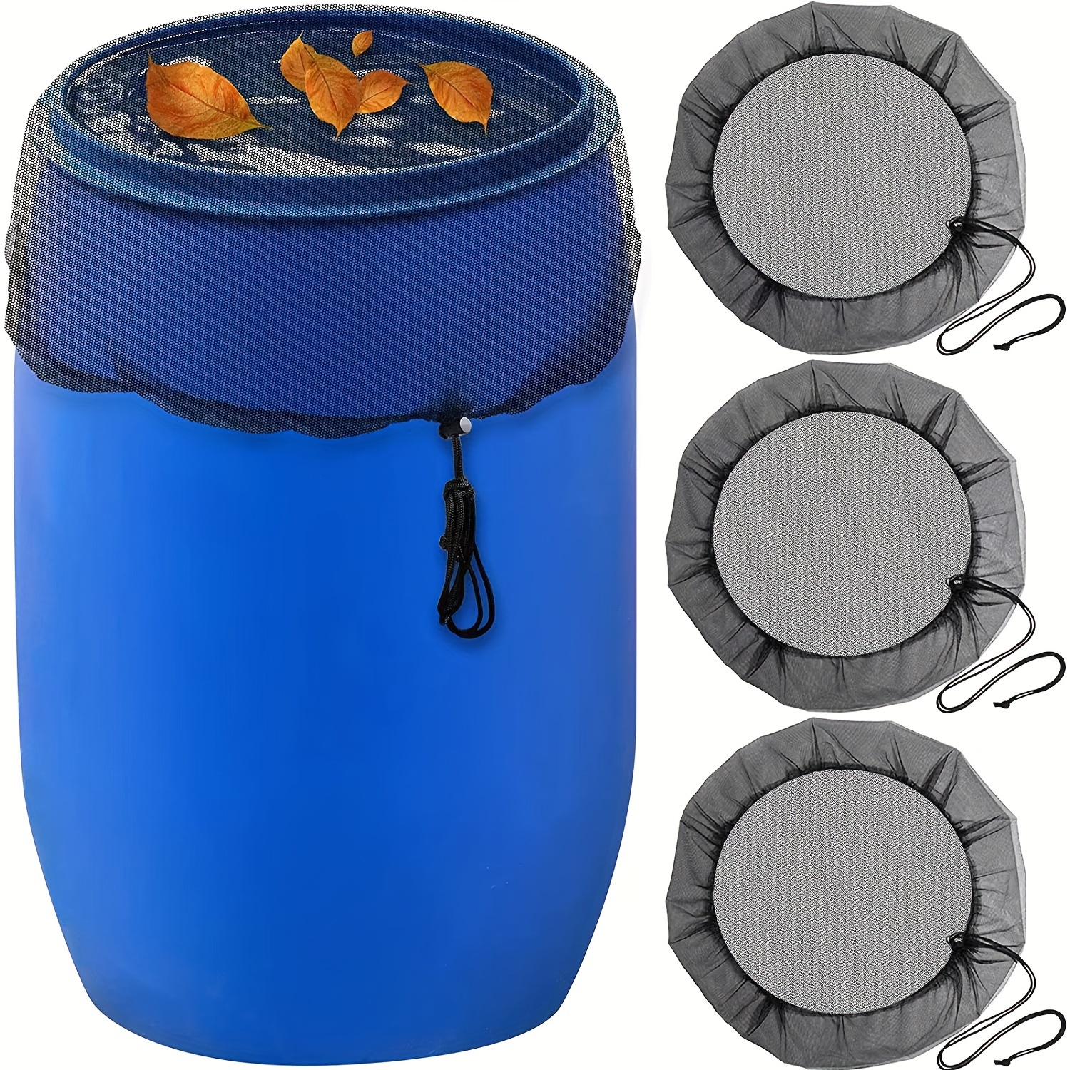 

2pcs Polyester Mesh Rain Barrel Covers With Drawstrings - Leaf & Protection, Waterproof Outdoor Patio Set For Garden & Lawn, Blue With Gray Collapsible Design