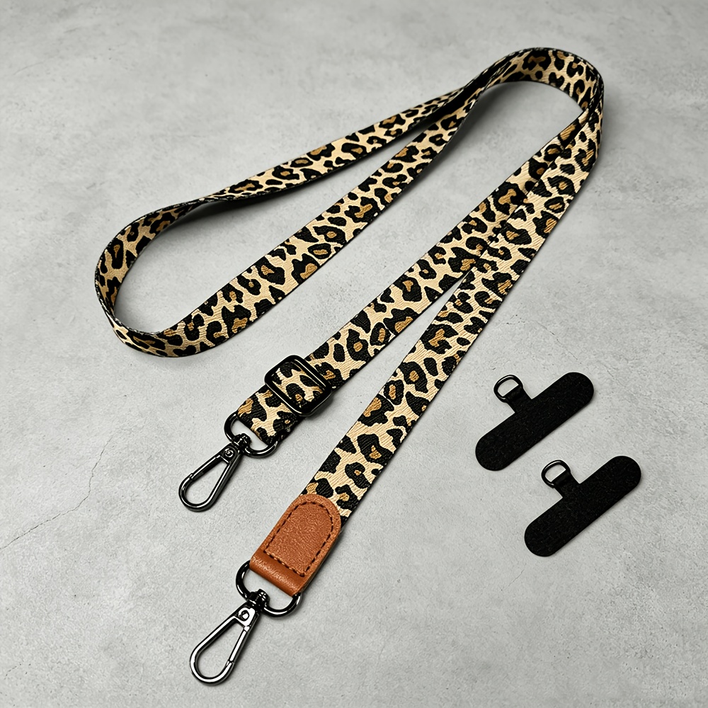 TEMU Cordón de teléfono cruzado con estampado de leopardo, correa de ajustable, cuerda antipérdida para teléfono con tarjetas y clip universal