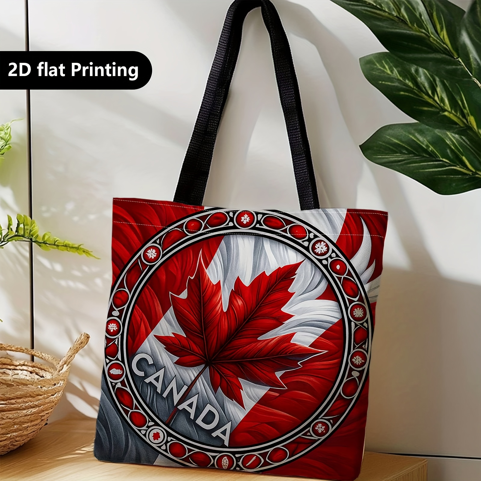 TEMU 1 Sac de Courses, Cabas Portable/Sac à Bandoulière, avec Motif de Feuille d'Érable Canadienne Rouge et Blanche. Parfait pour les Voyages, le