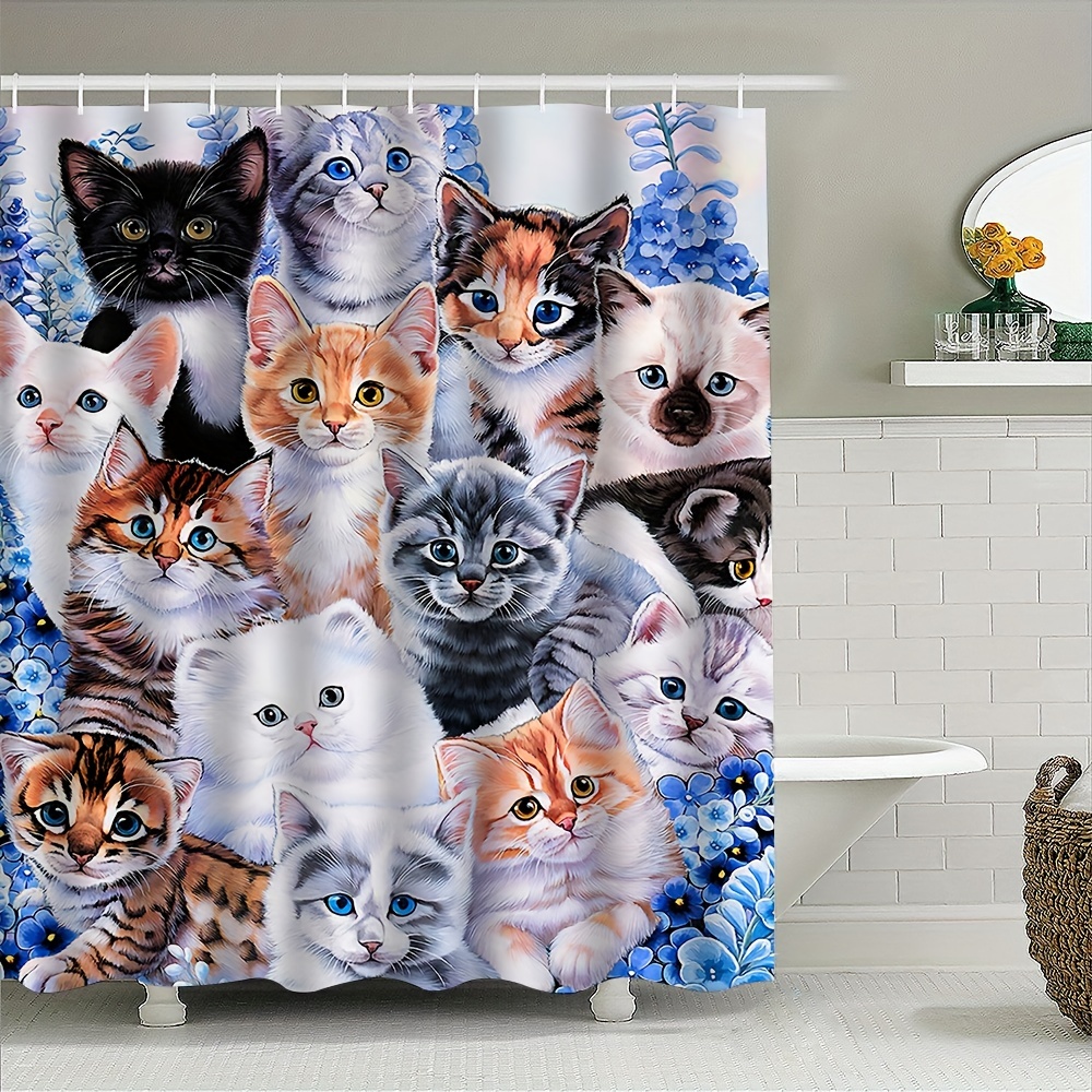 

Charming Cat Print Shower Curtain - Durable, Machine Washable Bathroom Decor With Animal Patterns, Includes Multiple Components Bathroom Decor And Accessories Fabric Shower Curtain Washable