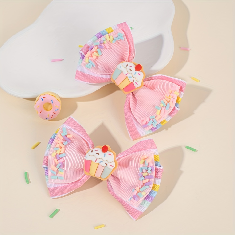 

2pcs Pink Cake & Hair Bow Clips For Girls - Cute Dessert-themed Barrettes With Alligator Clip, & Casual Wear, Ideal Gift For Teens